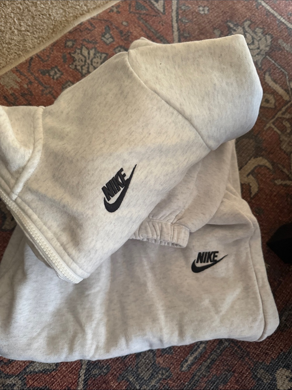 Nike Light Heather Gray quarter zip and joggers with Black Swoosh